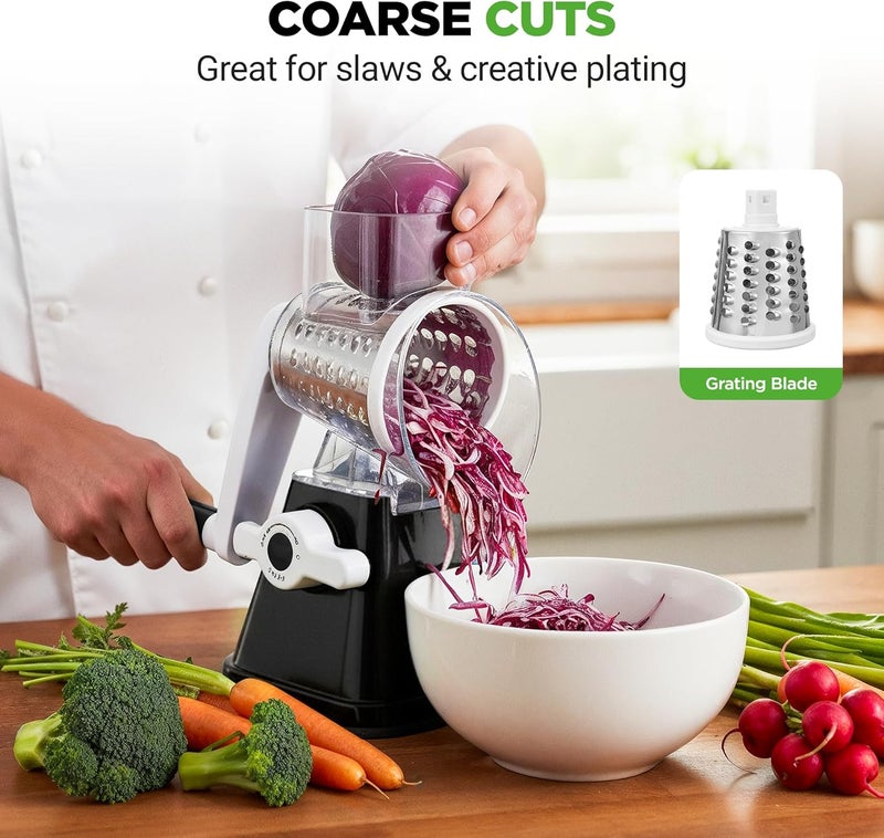 NutriChef 3 in 1 Cheese Grater & Shredder | Strong Suction Base, Rotary Handle with Safety Lock | Includes Hand Crank & 3 Drum Blades for 3 Textures, Fine, Medium & Strips | Black - Image 5
